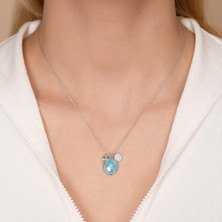 Coşar Silver Zirkon Taşlı Pırlanta Montür Gümüş Rengi Kaplama Ortası Turkuaz Taşlı Desenli Oval Gümüş Kolye