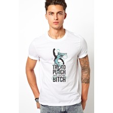 Qivi Try To Punch Baskılı Beyaz Erkek Örme Tshirt