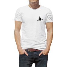 Qivi Astronot Jüpiter Bisiklet Baskılı Beyaz Erkek Örme Tshirt