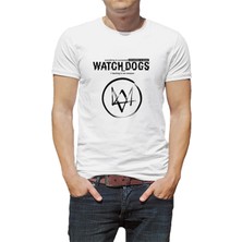 Qivi Watch Dogs Logo Baskılı Beyaz Erkek Örme Tshirt