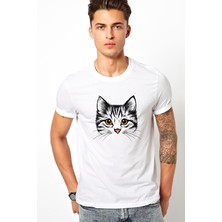 Qivi Kedi Yavru Kedi Sevimli Kedi Baskılı Beyaz Erkek Örme Tshirt