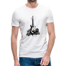 Qivi Beyaz ve Siyah Stratocaster Elektro Gitar Baskılı Beyaz Erkek Örme Tshirt