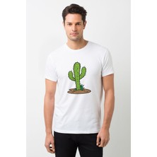 Qivi Kaktüs Cactus Baskılı Beyaz Erkek Örme Tshirt