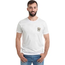 Qivi Sevimli Baykuş Kahverengi Mavi Kazak Göğüs Baskılı Beyaz Erkek Örme Tshirt