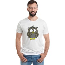 Qivi Owl Baykuş Baskılı Beyaz Erkek Örme Tshirt
