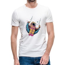 Qivi Astronot Ay Salıncak Çocuk Baskılı Beyaz Erkek Örme Tshirt