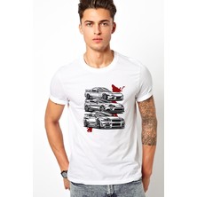 Qivi Nissan Skyline R34 Gtr Toyota Supra Baskılı Beyaz Erkek Örme Tshirt