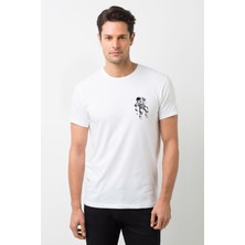 Qivi Astronot Uzay Boşluğu Göğüs Baskılı Beyaz Erkek Örme Tshirt