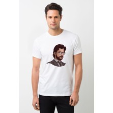 Qivi La Case De Papel Profesör Baskılı Beyaz Erkek Örme Tshirt