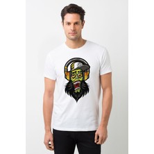Qivi Dj Zombie Skull Baskılı Beyaz Erkek Örme Tshirt