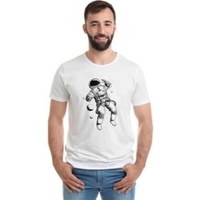Qivi Astronot Uzay Boşluğu Baskılı Beyaz Erkek Örme Tshirt