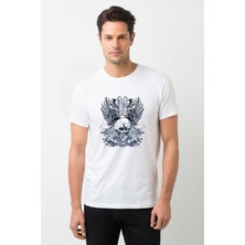 Qivi Kuru Kafa Beyaz ve Mavi Kafatası Baskılı Beyaz Erkek Örme Tshirt