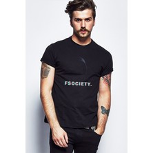 Qivi Mr Robot Logo Fsocietymr Robot Baskılı Siyah Erkek Örme Tshirt