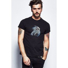 Qivi Astronot Dünyadan Uzaya Yolculuk Baskılı Siyah Erkek Örme Tshirt