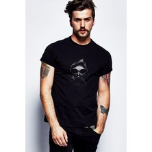 Qivi Jason Mask Android Skull Baskılı Siyah Erkek Örme Tshirt