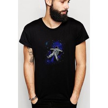 Qivi Nasa Astronaut Baskılı Siyah Erkek Örme Tshirt