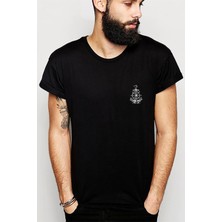Qivi Çapa ve Dümen Illüstrasyon Gemi Çapa Baskılı Siyah Erkek Örme Tshirt