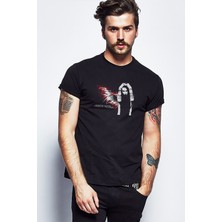 Qivi Marilyn Manson Metal Rock Music Müzik Baskılı Siyah Erkek Örme Tshirt
