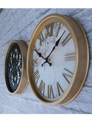 Markakanvas Altın(Gold) Renk Metal Kasalı Mermer Desenli  Duvar Saati  ve Tablo