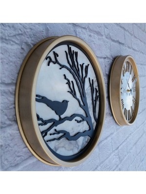 Markakanvas Altın(Gold) Renk Metal Kasalı Mermer Desenli  Duvar Saati  ve Tablo