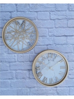 Markakanvas Altın(Gold) Renk Metal Kasalı Mermer Desenli  Duvar Saati  ve Tablo