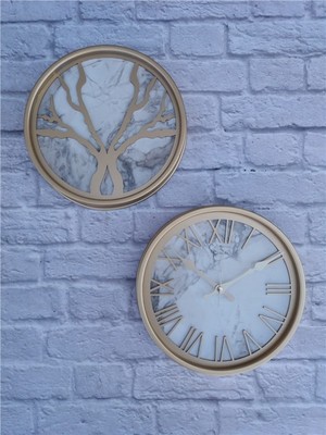 Markakanvas Altın(Gold) Renk Metal Kasalı Mermer Desenli  Duvar Saati  ve Tablo