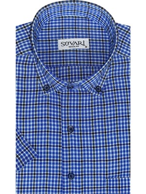 Süvari Bol Kesim Cepli Kısa Kol Mavi Gömlek