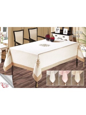 Çeyiz Diyarı Lale Nakışlı Masa Örtüsü Krem Cappucino 160X260CM