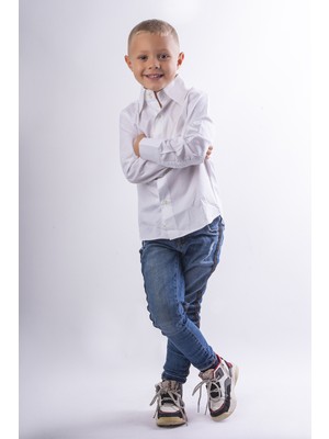 Erkek Çocuk Beyaz Gömlek | %100 Pamuk Jakarlı Slim Fit Uzun Kol İtalyan Yaka Çocuk Gömlek | Bayram, Doğum Günü ve Özel Günler İçin | 7-8 Yaş