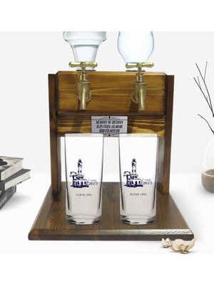 BK Kişiye Özel Renkli Baskılı Izmir Tasarımlı Turistik Ikili Rakı Bardağı ve Çift Musluklu Doğal Ahşap Rakı Standı-2