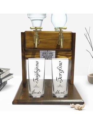 BK Kişiye Özel Renkli Baskılı Sağlığına Şerefine Tasarımlı Ikili Rakı Bardağı ve Çift Musluklu Doğal Ahşap Rakı Standı-1
