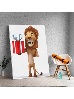 Deko Gonya Neşeli Aslan Hediye Veriyor Kanvas Tablo