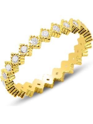 Söğütlü Silver Gümüş Altın Renkli Çapraz Taşlı Tek Sıralı Tamtur Yüzük