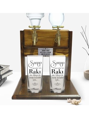 BK Kişiye Özel Renkli Baskılı Yarım Kalanlar Için Tasarımlı Ikili Rakı Bardağı ve Çift Musluklu Doğal Ahşap Rakı Standı-1