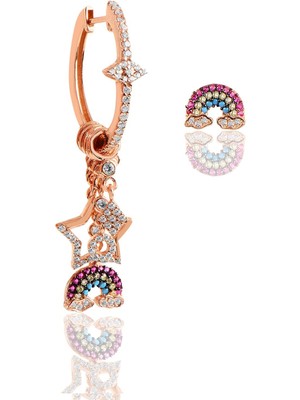 Söğütlü Silver Gümüş Rose Gök Kuşağı Modeli Şans Küpe