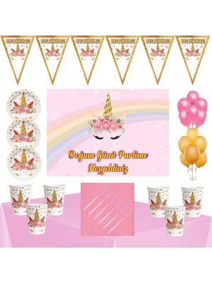 Parti Furyası Unicorn Çiçekli  Tema 8 Kişilik 70x100 cm Afişli  Parti Seti