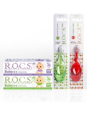 R.O.C.S. Baby 0-3 Yaş Diş Ağız Bakım Seti - 2 Diş Macunu ve 2 Diş Fırçası (Kırmızı/yeşil) 4x--Baby