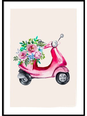 Beril Yamaç Design Studio Çiçekli Scooter Illüstrasyon Poster 30X40CM