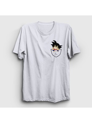 Presmono Unisex Beyaz Pocket Goku Anime Dragon Ball T-Shirt