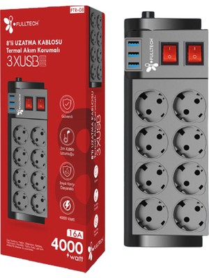 Fulltech Termal Akım Korumalı Isıya Karşı Dayanıklı 8'li Priz  Kablo Uzunluğu 2 mt 3 x Usb