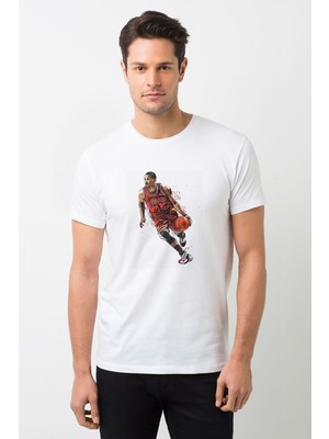 Qivi Bulls Basket Basketci Baskılı Beyaz Erkek Örme Tshirt
