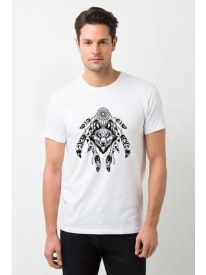 Qivi Dreamcatcher Wolf Logo Baskılı Beyaz Erkek Örme Tshirt