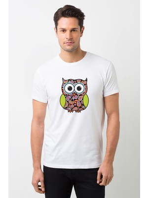 Qivi Baykuş Baskılı Beyaz Erkek Örme Tshirt