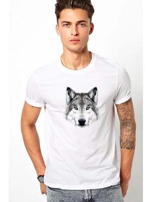 Qivi Sevimli Kurt Baskılı Beyaz Erkek Örme Tshirt