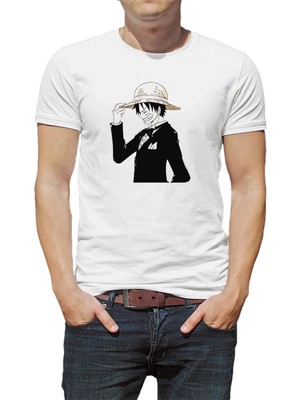 Qivi Anime One Piece Baskılı Beyaz Erkek Örme Tshirt