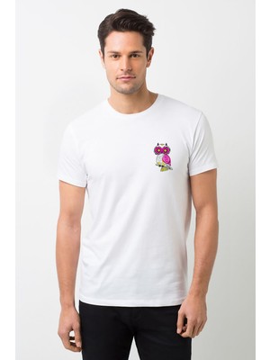 Qivi Baykuş Pembe Baskılı Beyaz Erkek Örme Tshirt