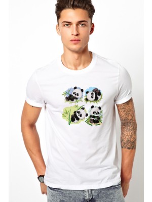 Qivi Panda Baskılı Beyaz Erkek Örme Tshirt