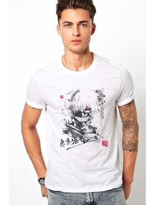 Qivi Anime Tokyo Ghoul Anteiku Baskılı Beyaz Erkek Örme Tshirt