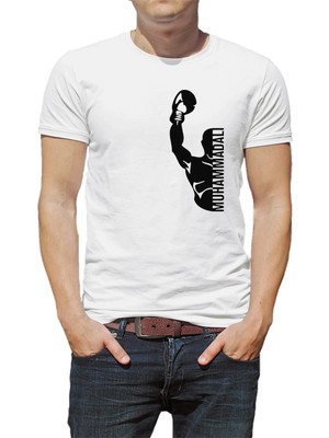 Qivi Muhammed Ali Yumruk Baskılı Beyaz Erkek Örme Tshirt