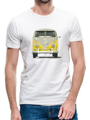 Qivi Sarı Volkswagen Samba Illüstrasyon Volkswagen Type Baskılı Beyaz Erkek Örme Tshirt